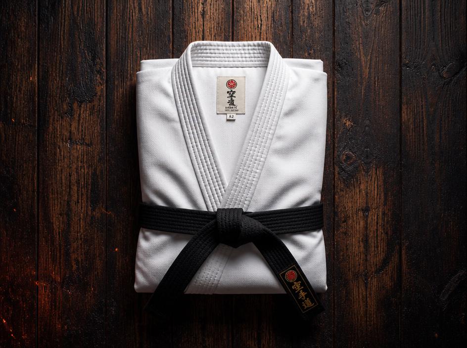 Gi de karate blanco doblado sobre suelo de madera oscura