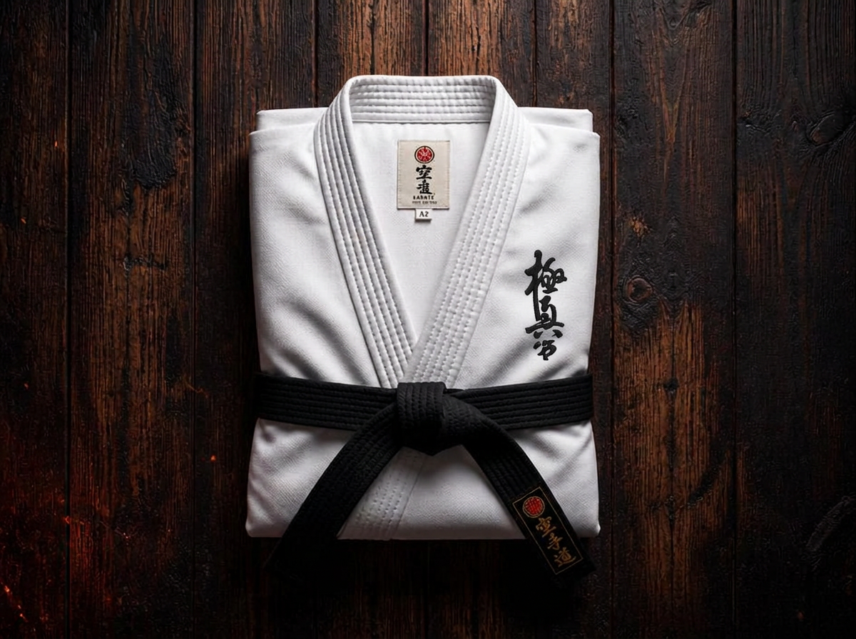 Gi de karate blanco doblado con el kanji de Kyokukan bordado en el pecho