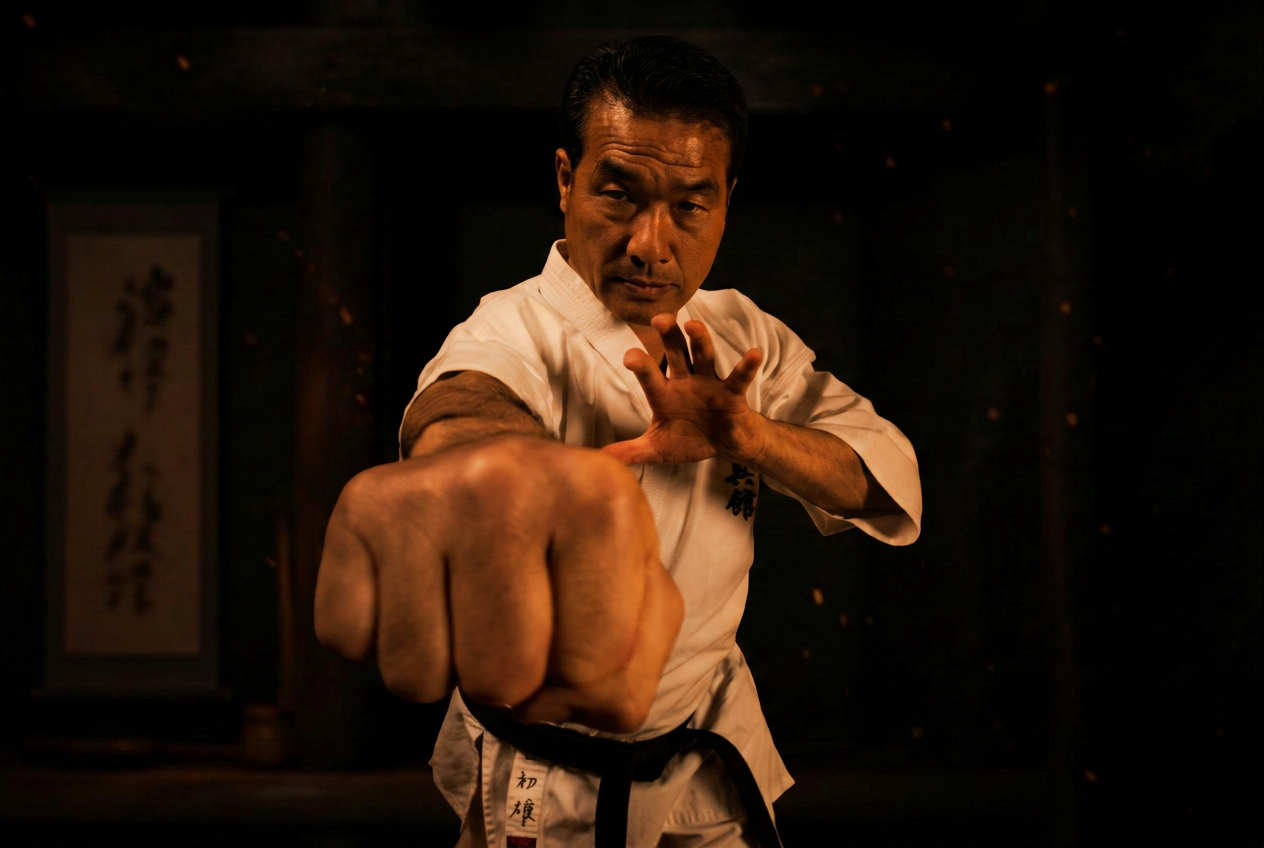 Maestro de karate en guardia de ataque dentro del dojo
