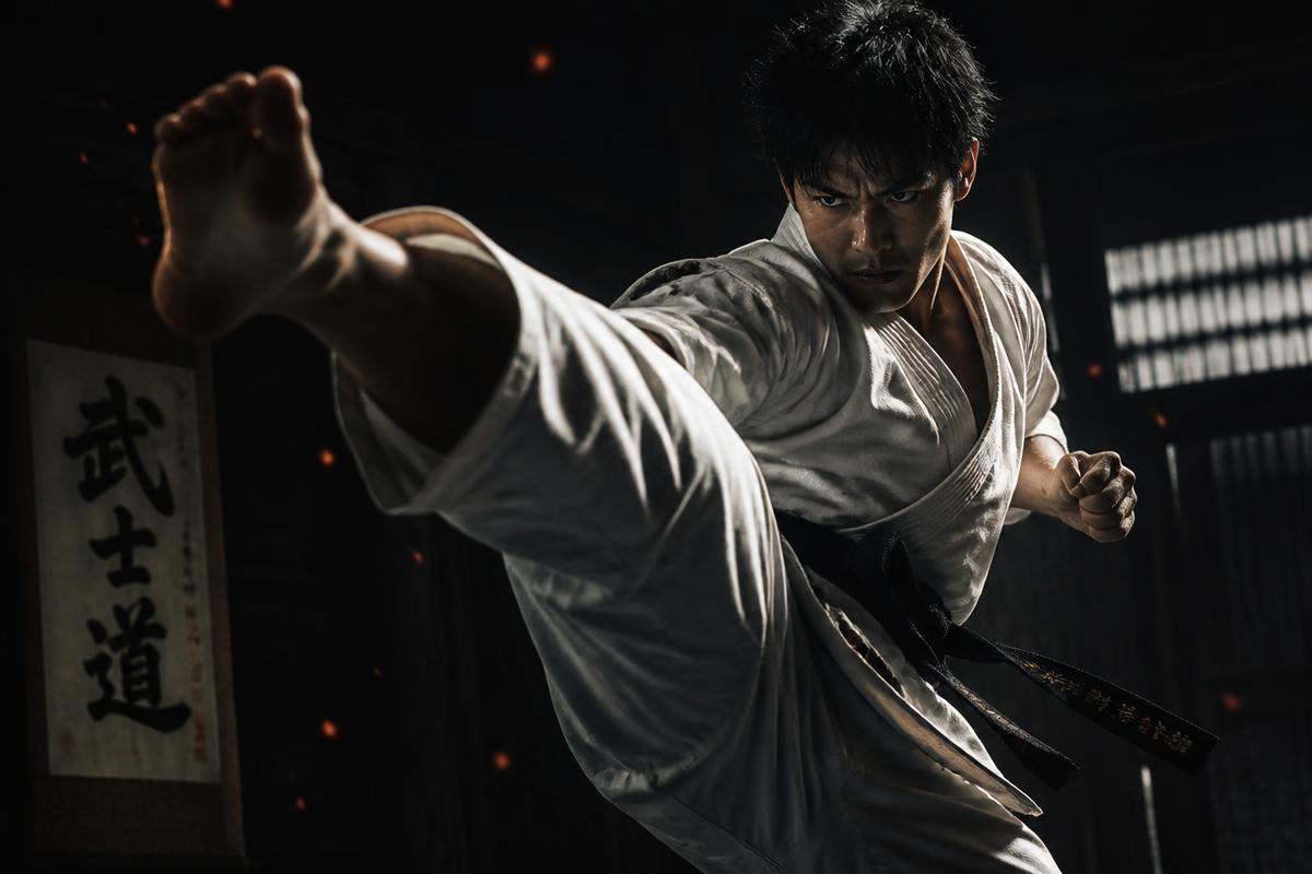 Karateka ejecutando una patada con iluminación cinematográfica