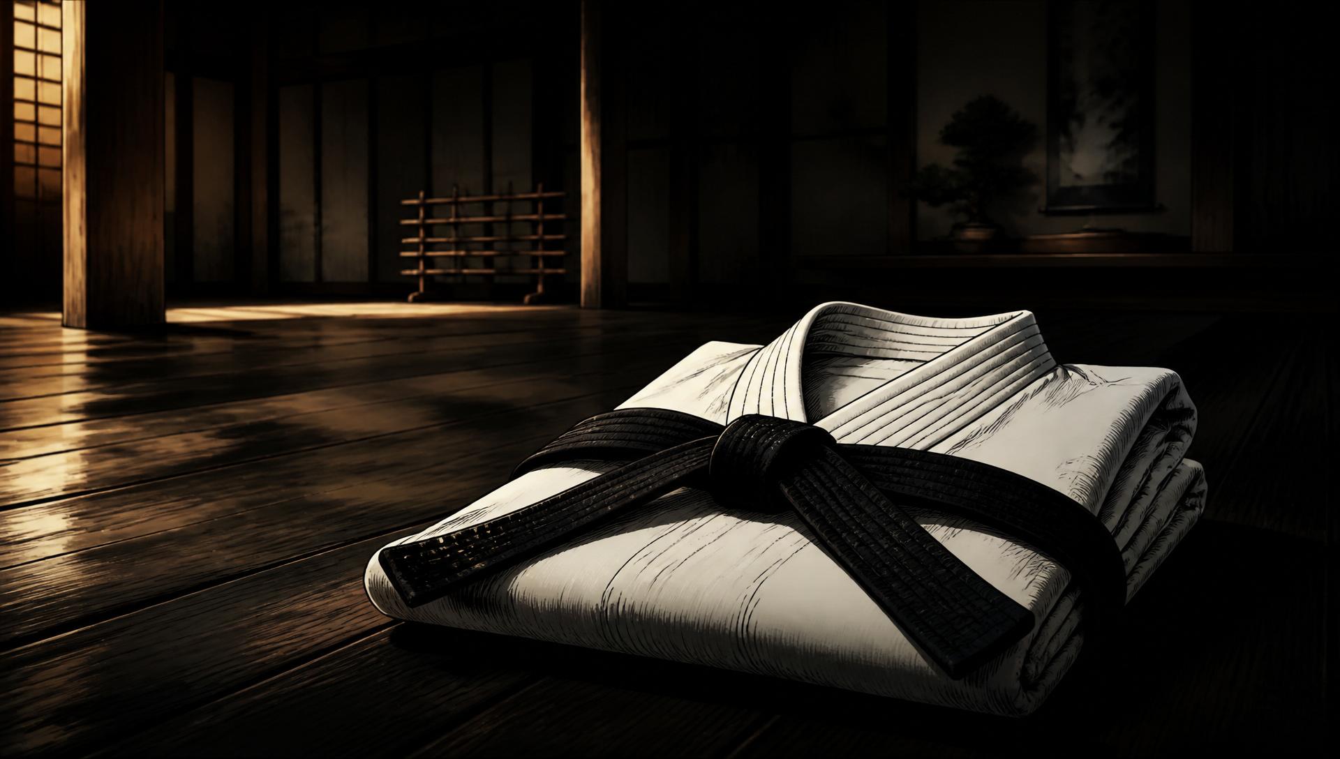 Gi de karate blanco con cinturón negro sobre tatami de madera oscura